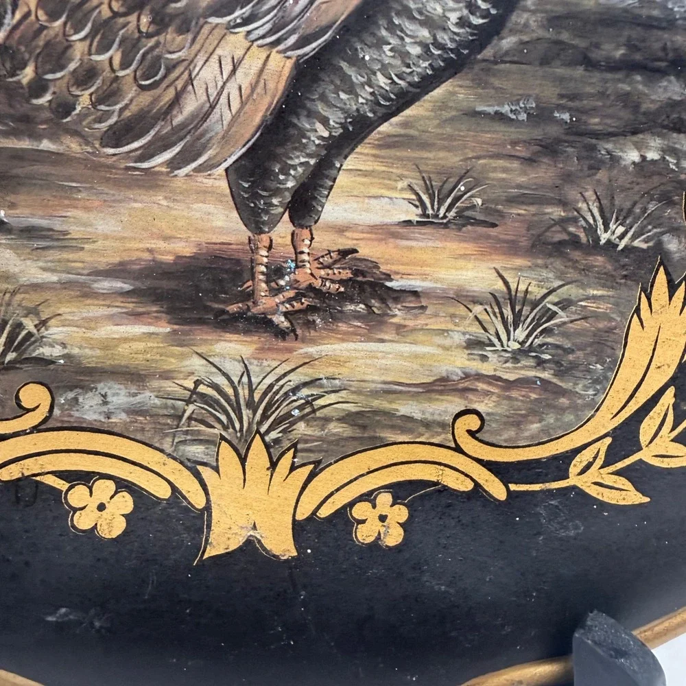 Vintage Hand Painted Rooster Toleware Decorative Plate Black Gold Scalloped 12